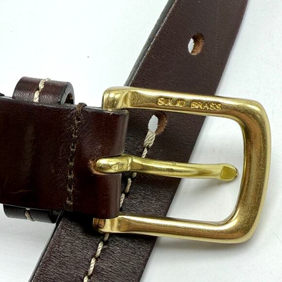 Eddie Bauer Brown Italian Leather Belt 34 Solid Brass Buckle Center Stitch Italy - Picture 5 of 9